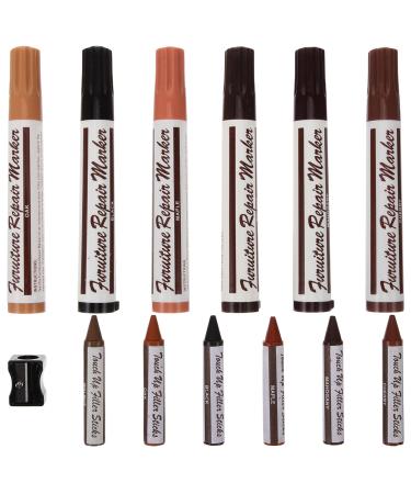Healvian Furniture Markers Touch up Furniture and Wood Floor Markers and Crayons Repair Kit 6 Felt Tip Wood Markers 6 Wax Crayons
