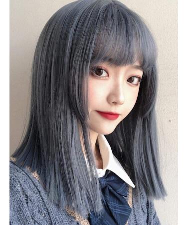 BGHJUE Wig female long straight hair ash blue clavicle hair natural full headgear