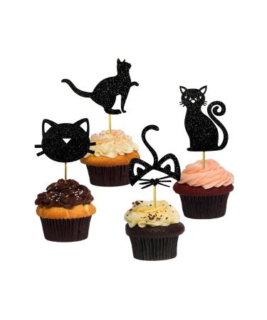 TSJ 24 PCS Cat Cupcake Toppers Black Glitter Kitty Cake Toppers Cat Cupcake Picks Kitten Theme Party Cake Decorations