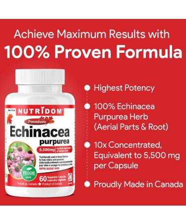 Nutridom Echinacea Purpurea Capsules | 5 500mg Per Day | 10x Extra Strength Non-GMO Vegan Free of Gluten Soy & Dairy Free (60 Count) - Buy Online on GoSupps.com