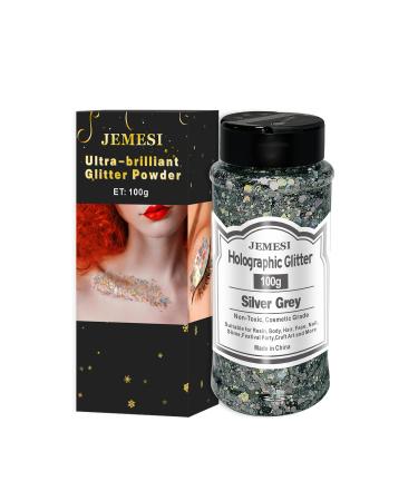 HOLOGRAPHIC Chunky Glitter - Silver-Gray 100g | Craft Glitter for Resin Face Nail Body Slime & Festive Art - Buy Online on GoSupps.com