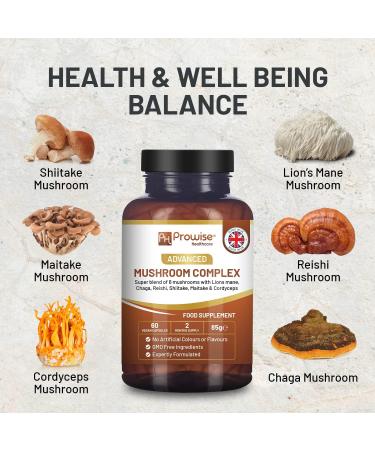Prowise Advanced Mushroom Complex | Super Blend of 6 Mushroom with Lions Mane, Chaga, Cordyceps, Shiitake, Reishi, and Maitake | 60 Vegan Capsules | High Strength Formula | Made in UK - Buy Online on GoSupps.com