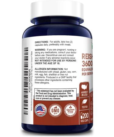 Reishi Mushroom Extract 3600mg - 200 Veggie Capsules | Vegan, Non-GMO, Gluten-Free - Buy Online on GoSupps.com
