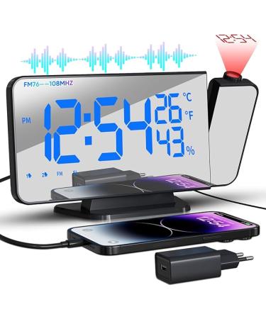 TAKRINK Alarm Clock Digital Radio Alarm Clock with 4 Levels Screen Brightness Projection Alarm Clock with Temperature Alarm Clock with Projection Dual Alarm Type-C Charger 180° Projector Projection