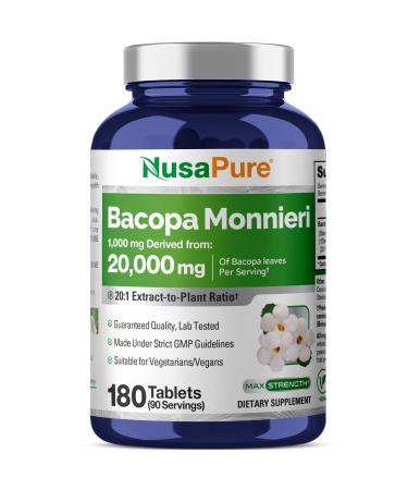 NusaPure Bacopa Leaf Monnieri Extract 20 000 mg 180 Tablets (Extract 20:1 Non-GMO Gluten Free)