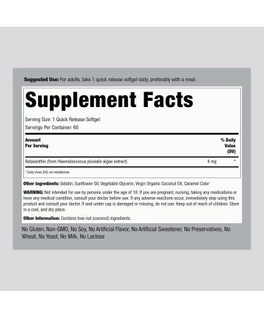 Piping Rock Astaxanthin 4mg | 60 Softgels | Non-GMO Gluten-Free Algae Extract with Coconut Oil | Best International Shipping - Buy Online on GoSupps.com