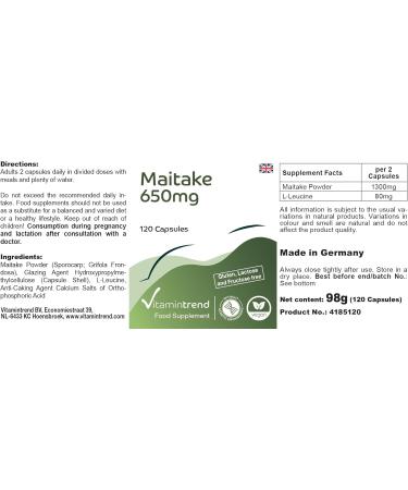 Maitake Powder 650mg - 120 Capsules Functional Vital Fungus Adaptogen Vegan | Vitamintrend  - Buy Online on GoSupps.com
