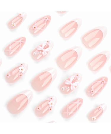 Buy BABALAL Medium Almond Press on Nails - White French 3D Flower Bow Charm 24Pcs Stiletto Acrylic Manicure - International Shipping Available - Buy Online on GoSupps.com