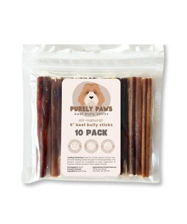 Purely Paws Premium All-Natural Beef Bully Sticks - Safe Digestible Dog Chews - Long-Lasting Low-Odour Rawhide Free - (6" 10 Count) 6" (Pack of 10)