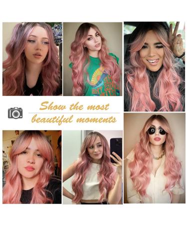 Esmee Long Wavy Pale Pink Wig with Bangs - Curly Synthetic Hair for Women, Heat Resistant Fiber - Perfect for Daily Wear, Parties, and Cosplay - Buy Online on GoSupps.com