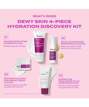 Murad Hydrate Trial Kit Dewy Skin Set with AHA/BHA Cleanser 2.0oz Hydration Serum 0.33oz Hydro-Hyaluronic Cream 0.25oz Superactive SPF 50 Moisturizer 0.8oz | Travel Skincare for Radiant Skin 4-Piece Trial Kit - Buy Online on GoSupps.com