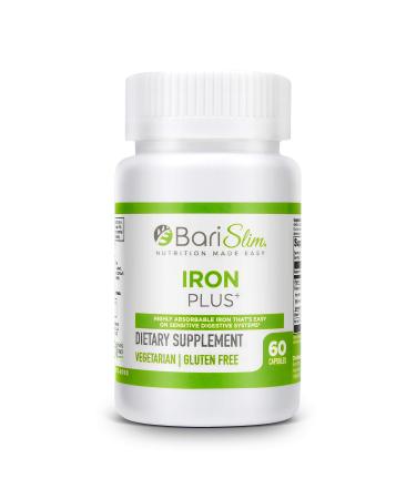BariSlim Iron Plus Capsules - Formulated for Patients After Weight Loss Surgery Including Gastric Bypass and Gastric Sleeve Easy Digestion and Absorption | 2 Month Supply (60 Servings)