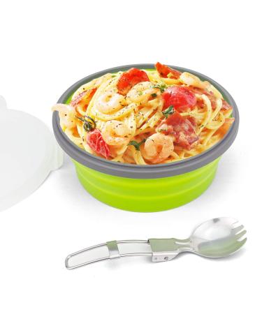CCyanzi 1200ml Collapsible Camping Bowl Silicone Food Storage Container with Lid and Foldable Stainless Steel Fork Spoon, for Picnic, Travel, Camping, RV, Fridge and Microwave Bowls Green