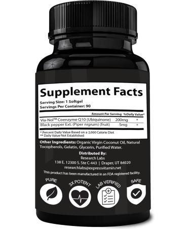 Research Labs CoQ10 200mg with Black Pepper - 2-for-1 Deal | Organic Gluten Free Heart Health & Energy Support - 180 Softgels - Buy Online on GoSupps.com