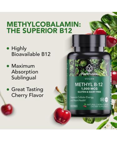 PlantFusion Vegan B12 Methyl 1000 mcg - Sublingual Vitamin - Supports Energy Heart Health Nervous System - Cherry Flavor 60 High Potency Methylcobalamin Lozenges for Fast Absorption Methyl B-12 - Buy Online on GoSupps.com