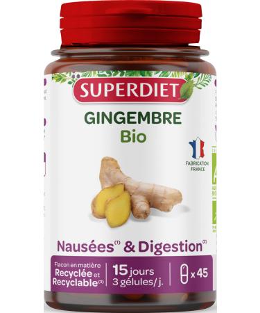 SUPERDIET - ORGANIC GINGER - Nausea pregnancy digestion energizing - Herbal medicine - Made in France - 45 capsules