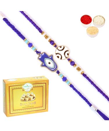 Ghasitaram Gifts Rakhi for Brother Rakhis Online - Set of 2 8928 8931 Fancy Evil Eye Rakhis with 200 GMS of Soan Papdi