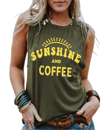 Umsuhu Sunshine and Coffee Tank Casual Summer Graphic Tank Tops for Women Sleeveless Graphic Tank Tops Tee Shirts X-Large Army Green