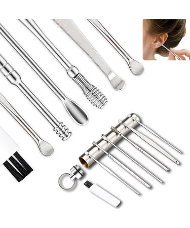 Spring Ear Wax Cleaner Tool Riquie Portable Stainless Steel Earwax Removal Kit 7-in-1 Ear Spoon with Ear Cleaning Set Brush and Key Chain Storage for Humans Silver With Keychain