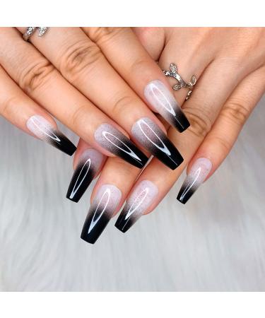 Artquee 24pcs French Black Ballerina Ombre White Long Coffin Glossy Fake Nails Press on Nail False Tips Manicure for Women and Girls JB604
