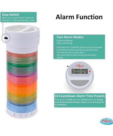 Portable Stackable Pill Organizer and Timer Cap with 14 countdown alarm presets. Comes with 1 Timer  6 Small Stackable Containers  1 Large Container  and 2 Magnetic Adapters. Travel Friendly. - Buy Online on GoSupps.com