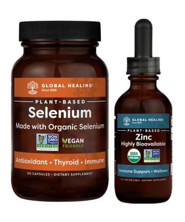 Global Healing Selenium and Zinc Kit - Organic Liquid Supplement Drops for Skin Health Normal Cell Growth & Vegan Antioxidants to Support Thyroid and Immune System Booster - 2 Fl Oz 60 Capsules