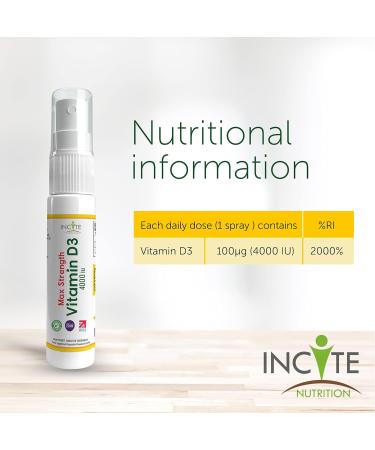 High Strength Vitamin D3 4000 IU Spray | Natural Peppermint Flavor | 25ml (144 Servings) | Made in UK by Incite Nutrition - Buy Online on GoSupps.com