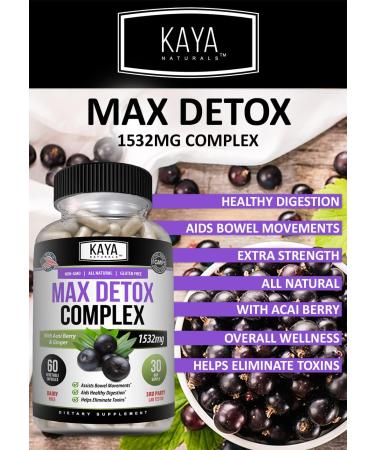Kaya Naturals Max Detox 60 Capsules - 100% Natural Body Cleanse Supplement with Pure Herbal Ingredients to Remove Toxins & Boost Metabolism - Vegan & Non-GMO - Buy Online on GoSupps.com