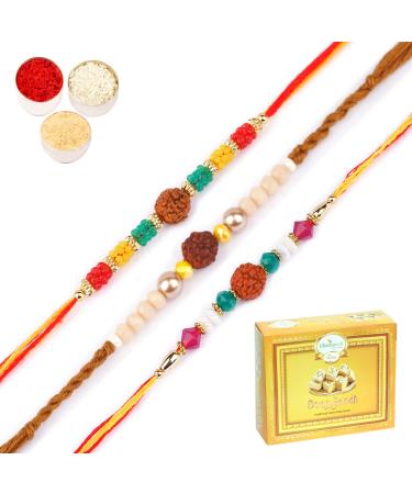 Ghasitaram Gifts Rakhi for Brother Rakhis Online - Set of 3-1986 1988 1908 Rudraksh Rakhis with 400 GMS of Soan Papdi