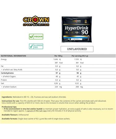  Crown Sport Nutrition Crown Sport Nutrition HyperDrink 90 a drink with 90 grams of carbohydrates per 500 ml and added sodium. With maltodextrin and fructose in a 1:0.8 ratio and sea salt (8 x 93.1 g cans). - Buy Online on GoSupps.com