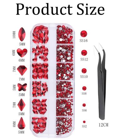 EBANKU Red Nail Rhinestones: Hearts, Butterfly, Round Shaped | Flat Back 3D Diamond Stone Nail Gems with Tweezers - Buy Online on GoSupps.com