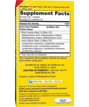 Renew Life Extra Care Ultimate Flora Probiotic Supplement 30 Billion 50 Vegetarian Capsules - Buy Online on GoSupps.com