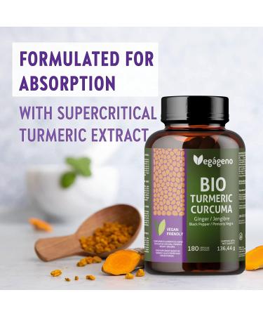 Organic Turmeric 180 Capsules with Ginger and Black Pepper Eco-Friendly High Concentration Maximum Absorbency No Additives Non-GMO Vegan - Buy Online on GoSupps.com