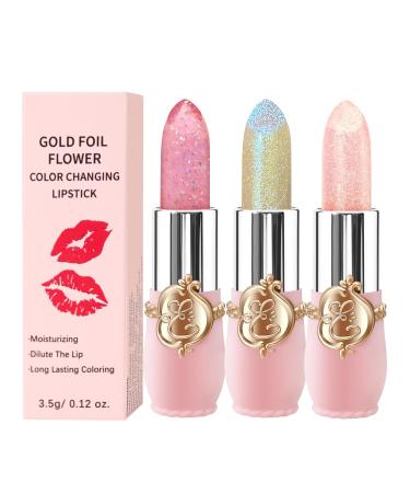 3 Packs Flower Jelly Lipstick Set Magic Temperature Color Change Lip Balm Long Lasting Moisturizer Lip Gloss Flower Jelly Lipstick Makeup Set (3PCS Set C)