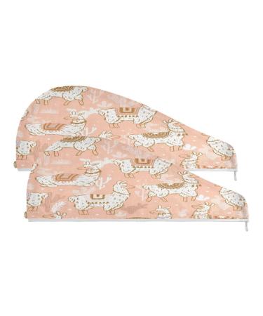 Cartoon Llama Dry Hair Cap 2 Piece Quick Drying Towel Set with Button Headband Super Absorbent Soft & Comfortable