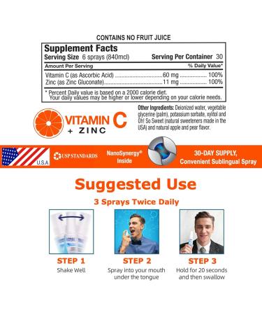 Immune Support Spray: Vitamin C + Zinc Nanotechnology Formula - All Natural, Non-GMO, Vegan - for Adults, Seniors & Kids - 1-Pack - Buy Online on GoSupps.com
