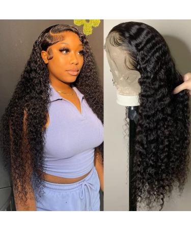 Water Wave Lace Front Wigs Human Hair 13x4 Transparent Lace Frontal Wig Glueless Water Wave Wig HD Lace Front Wigs Pre Plucked with Baby Hair 180% Density Curly Human Hair Wig Natural Color 26inch 26 Inch