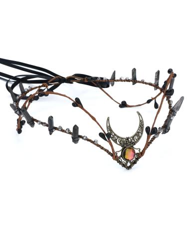 MOSTORY Black Crystal Circlet Crown Raw Quartz Headband Fairy Moon Headpiece Dark Rhinestone Hair Tiara Elf Mermaid Cosplay Costume Accessory for Women Womens Renaissance Halloween Bridal