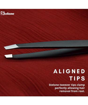 Stelone Slant Tip Stainless Steel Eyebrow Tweezers for Women & Men - Precision Brow Grooming Tool for Facial and Ingrown Hair Removal (Black) - Buy Online on GoSupps.com