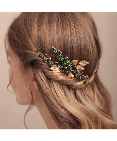 BERYUAN Gold Leaf Headpiece with Emerald Green Crystal - Wedding Hair Accessory Comb for Bride and Bridesmaid - Buy Online on GoSupps.com