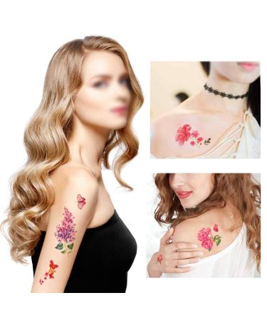 Konsait Flower Temporary Tattoos - 32 Sheets Adult Waterproof Body Art Sticker for Women - Rose, Butterfly, Plum, Lotus, Lavender Designs - Buy Online on GoSupps.com