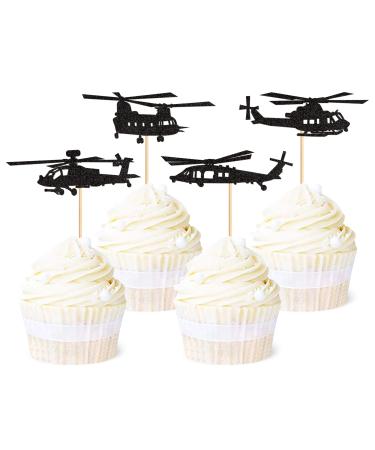 Ercadio 24 Pack Helicopter Cupcake Toppers Black Glitter Aircraft Cupcake Picks Plane Cupcake Toppers for Airplane Theme Party Birthday Baby Shower Cake Decor Supplies C-black 2