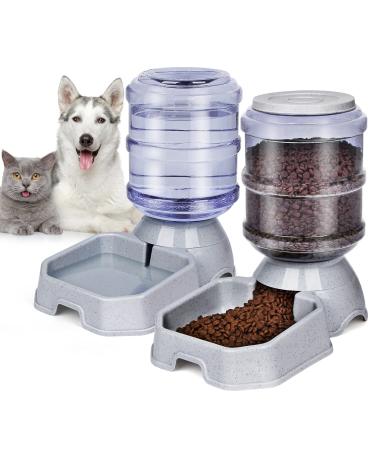 Pet Feeder and Water Food Dispenser Automatic for Dogs Cats, 100% BPA-Free, Gravity Refill, Easily Clean, Self Feeding for Small Large Pets Puppy Kitten Rabbit Bunny A-Grey