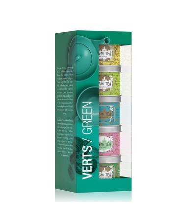 Kusmi tea gift set green tea - 5 mini metal cans with green teas - 5 natural flavors jasmine ginger lemon label imp rial rose mint - packed in France green tea - 5 x tins