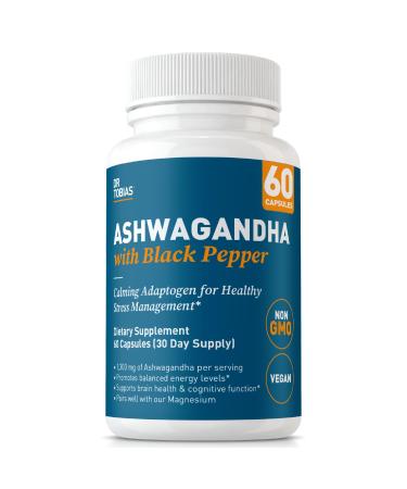 Dr. Tobias Ashwagandha Capsules 1300mg Organic Ashwagandha Root Extract Per Serving with Black Pepper Calming Adaptogen Energy & Focus Supplement 60 Vegetarian Capsules
