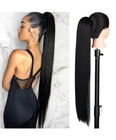 G&T Wig 36 Inch Long Straight Drawstring Ponytail for Women Black Pony Tail Natural Soft Clip in Hair Extension Heat Resistant Synthetic Hairpiece 36 Inch XXL-1B