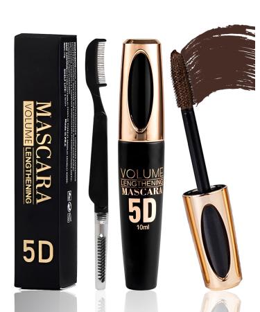 Brown Waterproof Mascara for Eyelashes 5D Silk Fiber Mascara with Folding Eyelash Comb Brush Liquid Colored Mascara Lash Extensions Volumizing and Thick Smudge-proof Long Lasting Party Stage Use