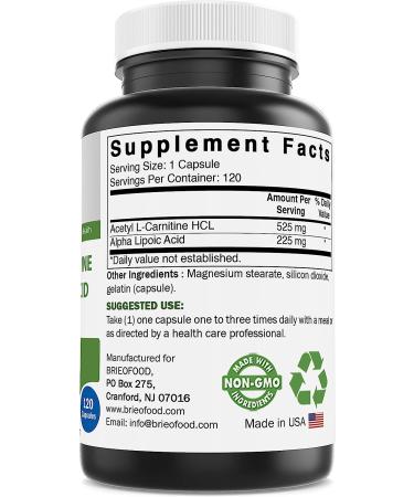 Brieofood Acetyl L-Carnitine Alpha Lipoic Acid (ALA ALC) 750mg - 120 Capsules - Buy Online on GoSupps.com