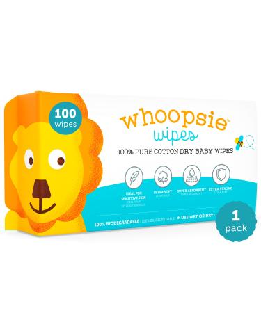 Whoopsie Wipes - 100% Pure Cotton Dry Baby Wipes - Use as Dry Wipes or Wet Wipes for Baby Sensitive Skin Unscented - Super Soft Strong & Absorbent (1 Pack)