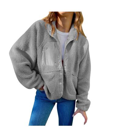 Hanxiulin fleece jacket plush jacket cuddly jacket women warm winter jacket on both sides transition jacket women trench coat loose slim light outdoor women M gray